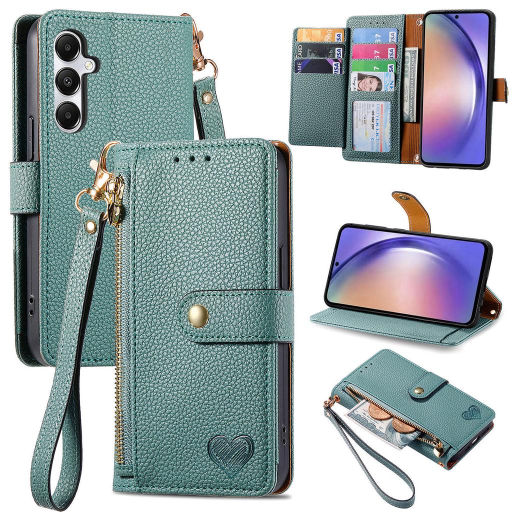For Samsung Galaxy A55 5G Case Zipper Wallet PU Leather Phone Cover with Hand Strap