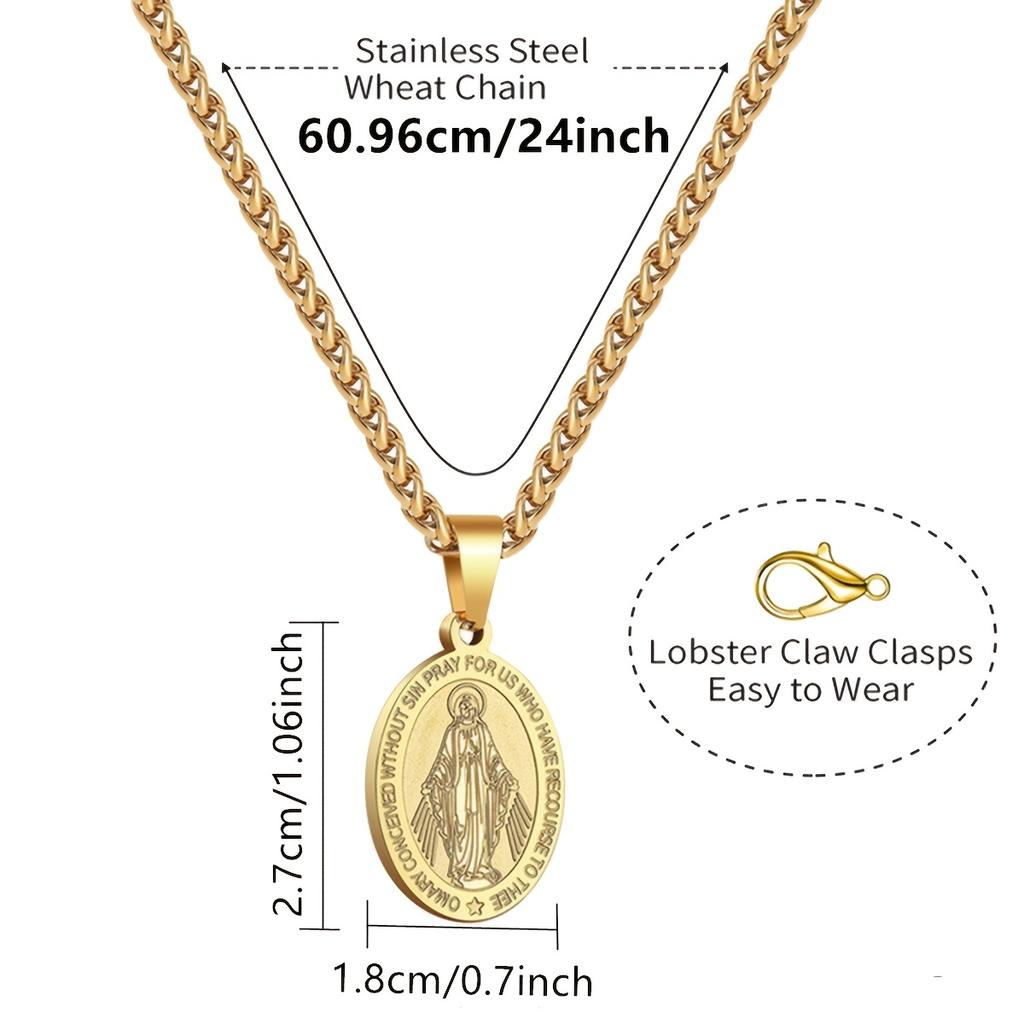 Titanstahl Jungfrau Maria Halskette Silberfarben/Schwarz Vergoldet Unisex Christlicher Schmuck Kreuz Wundermedaille Anhänger Halskette