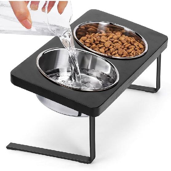 Elevated Cat Bowls, 15° Tilted Raised Cat Food Bowls Wood Pet Bowls with Stand Anti Vomiting 2 Stainless Steel Bowls for Cats and Puppy Black color