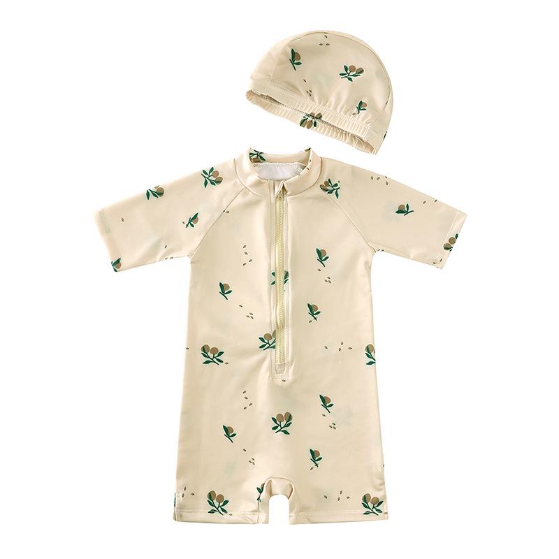 Kids' Floral One-Piece Swimsuit with Zipper and Swim Cap - Boys and Girls' Modest Design