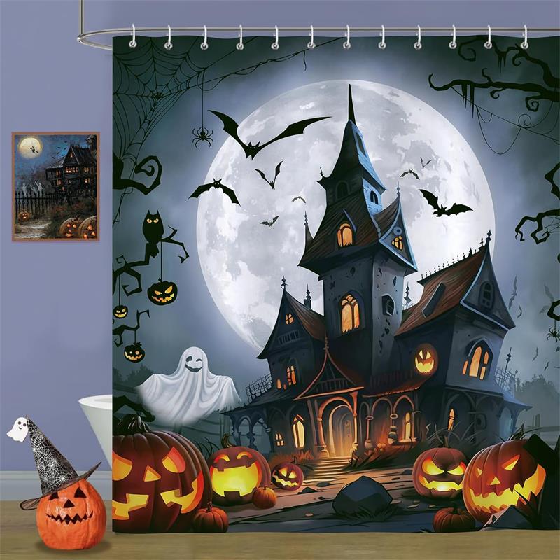 Halloween Shower Curtain Funny Spooky Pumpkin Skull Bat Flower Plant Night Forest Bath Curtains Home Bathroom Decor with Hooks
