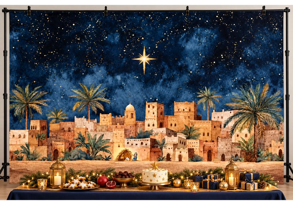 Geburt Christi Weihnachtskulisse Bethlehem Nachtstern Wüsten Dorf Palmen Religiöser Feiertag Fotografie Hintergrund Party Dekoration