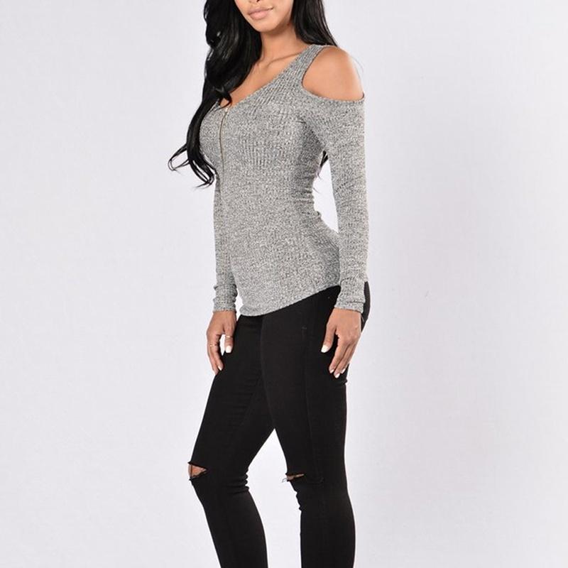 Women's Autumn Fashion Sexy Zipper Long Sleeve Stretchy Striped Off Shoulder Slim TopS