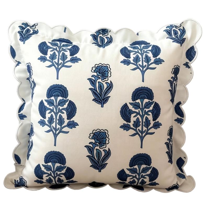 Blue White Flower Print Square Cushion Cover Craft Of Polyester With Ruffled Edges Design