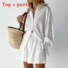 Fall Womens Printed Cotton Blouse And Shorts Set With Pockets For Casual Office Wear