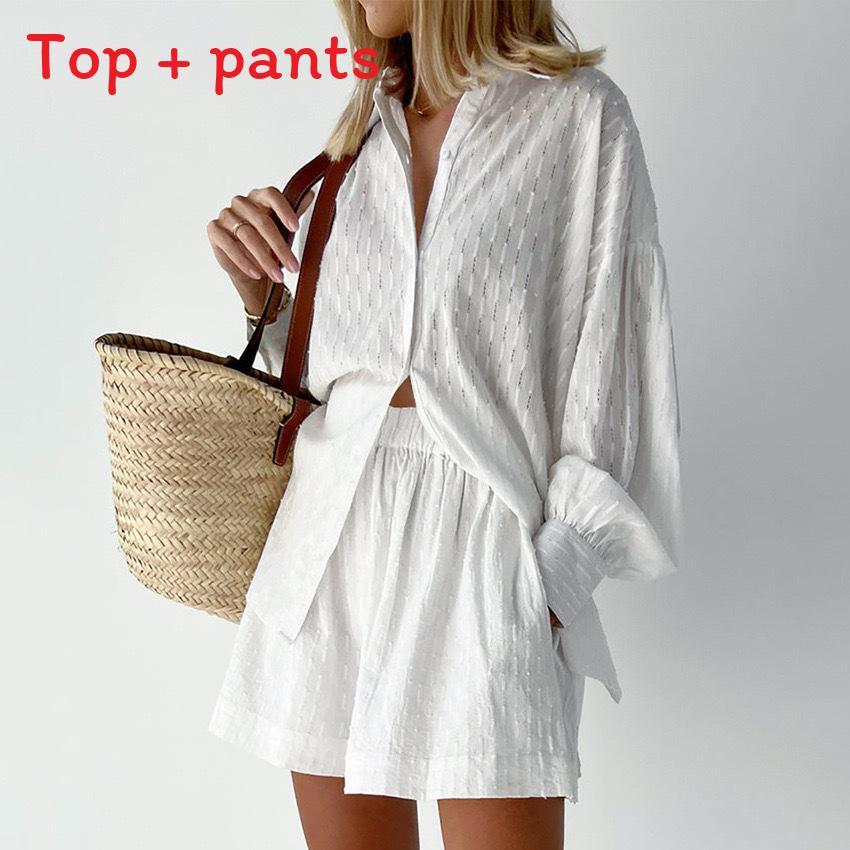 Fall Womens Printed Cotton Blouse And Shorts Set With Pockets For Casual Office Wear