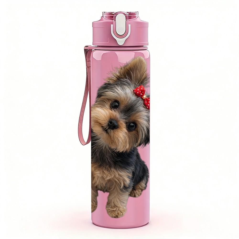 1PC Small Yorkie Puppy Headshot 750ml Color Plastic Sports Water Bottle Leakproof Flip Straw Lid Suitable for Sports Office Home Use