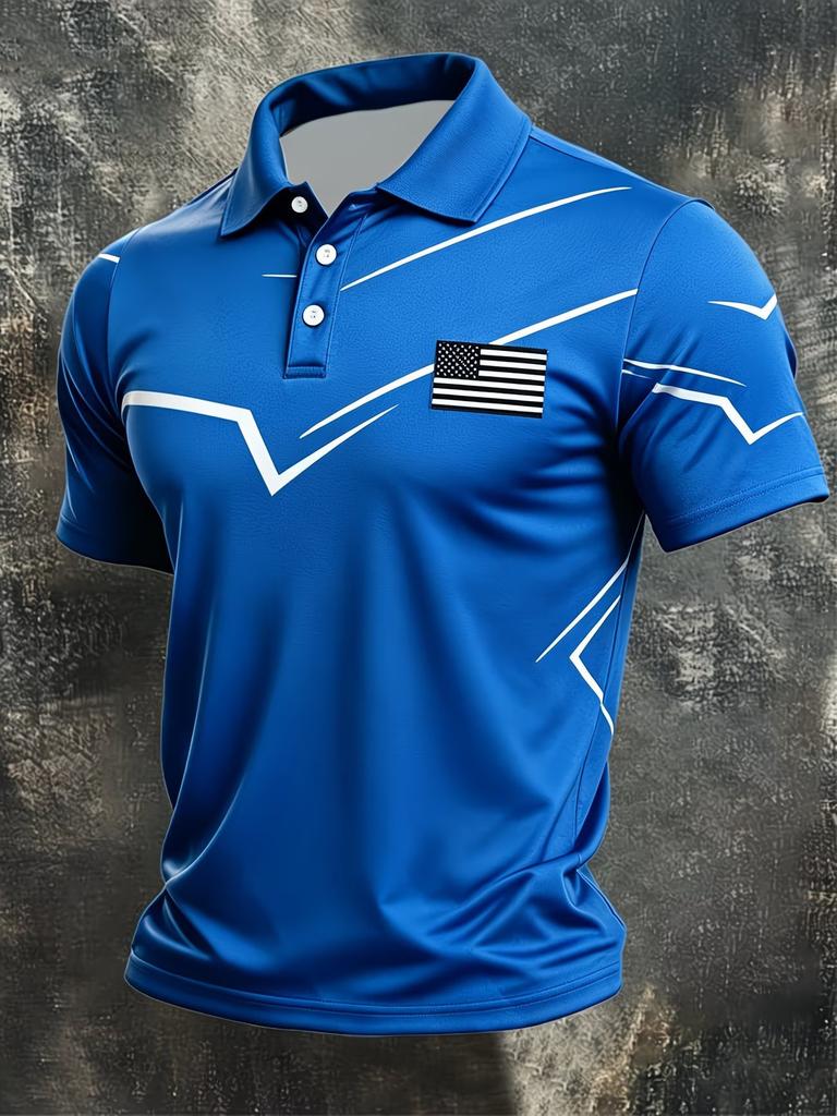 Patriotic Eagle Flag Print Short Sleeve Polo Shirt, Casual Men's Top
