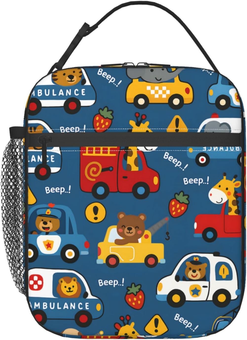 Cartoon Animal Car Lunch Box for Kids Boys, Cute Vehicle Reusable Thermal Insulation Cooler Tote Bags, Fun Traffic Theme Insulated Bag for School Picn One Size