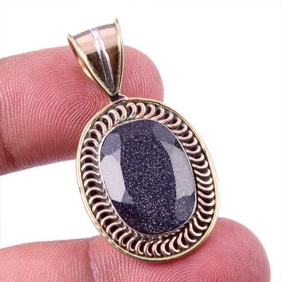 Natural Blue Sunstone 925 Solid Sterling Silver Gift TwoTone Pendant 1.50" S2a23