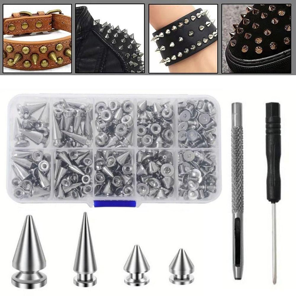 

359 шт. Комплект гладких панковских шипов и заклепок 8 размеров, заклепки для одежды, комплект конусных шипов, крутая одежда