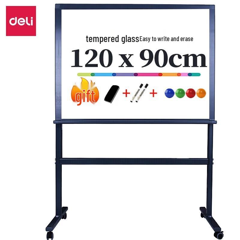 Deli 8738 Magnetic Tempered Glass H-Stand Whiteboard, 90x120cm