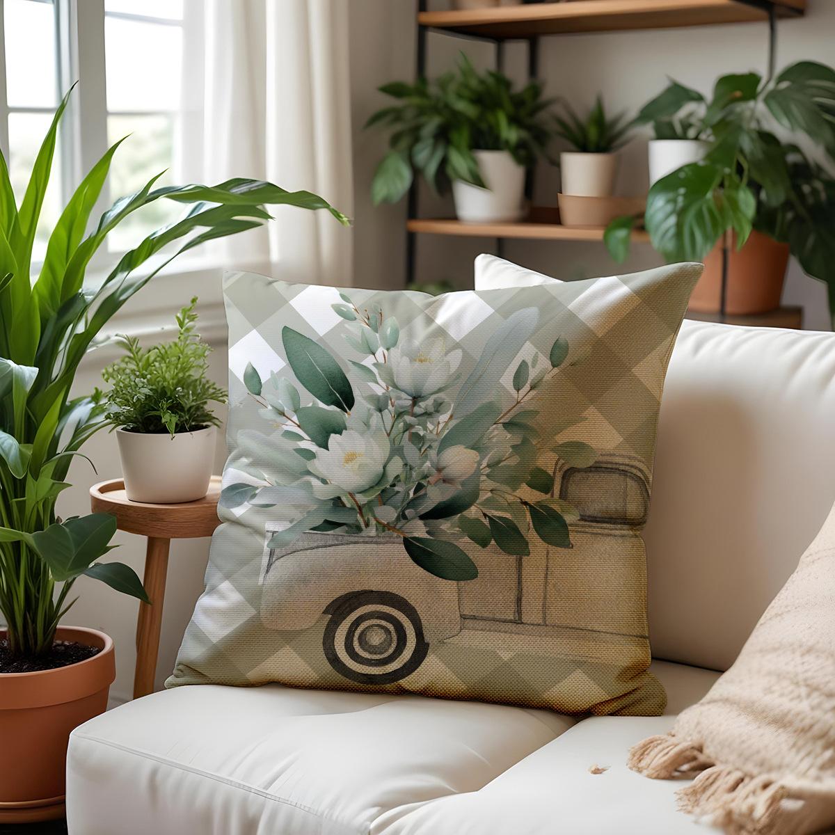 

Green Leaf Floral Linen Print Pillowcase Creative Pillowcase Car Sofa Cushion Cover 45*45