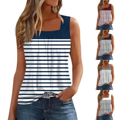 Women's Summer Casual Pleated Square Neck Sleeveless Tank Top Printed Tops