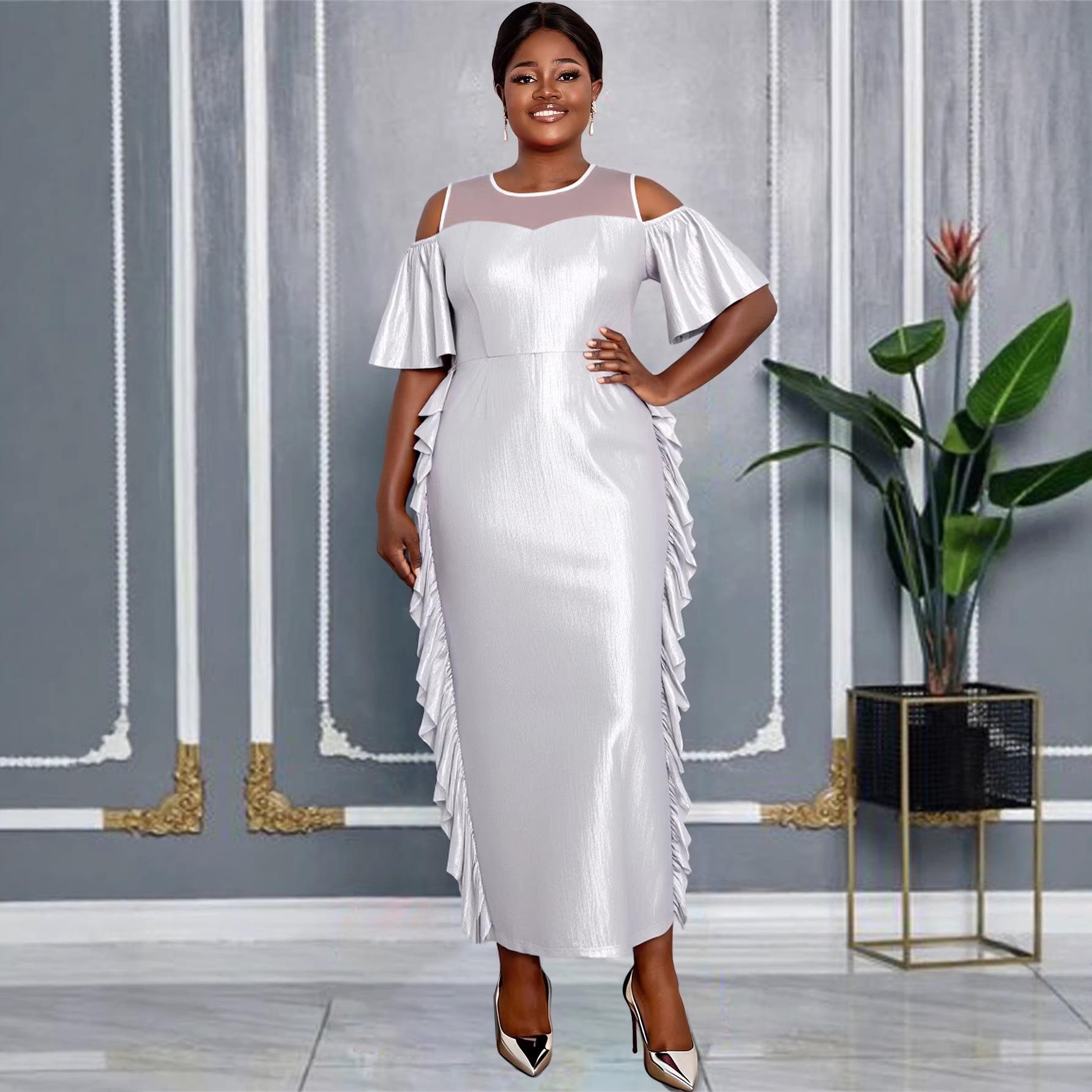 

Plus Size Elegant Off-the-Shoulder Ruffle Maxi Dress with See-Through Neckline and Cinched Waist S срібний