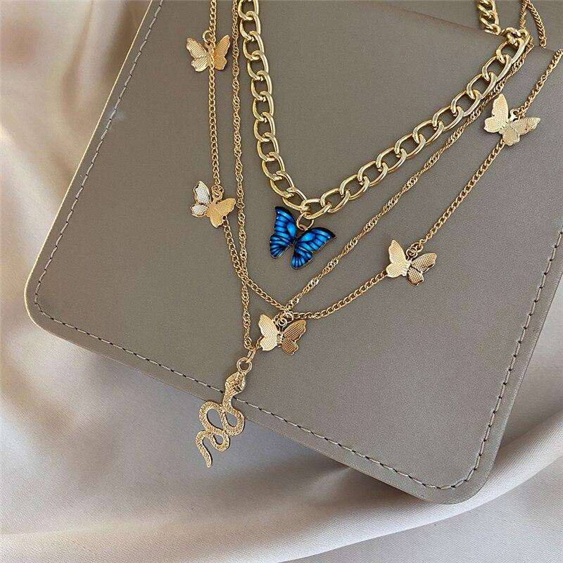 17KM Punk Gold Multilayered Necklace for Women Vintage Silver Color Geometric Round Pendant Necklaces Butterfly Choker Jewelry