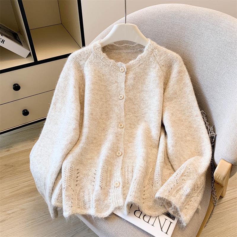 Women's Soft Knit Cardigan with Colorful Lace Collar - Cozy Autumn/Winter Loose Fit Fur Coat