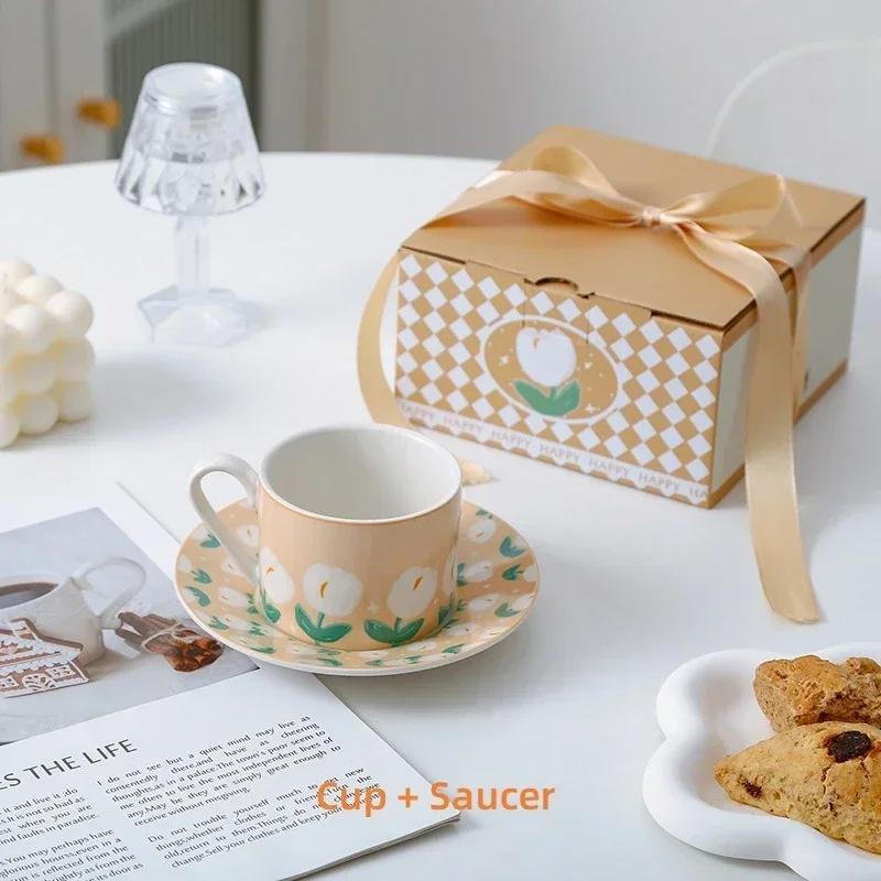 Coffee Cup and Saucer Tulip Pattern Afternoon Tea Cup Breakfast Milk Mug Dessert Plate Table Decoration Drinking Utensil Gifts