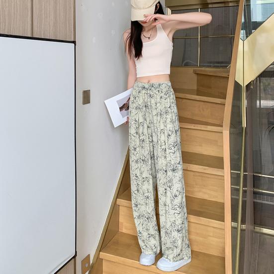 Women Summer Casual Pants Elastic Waist Adjustable Tie Straight Wide Leg Long Trousers Camouflage Striped Print Lounge Pants Streetwear