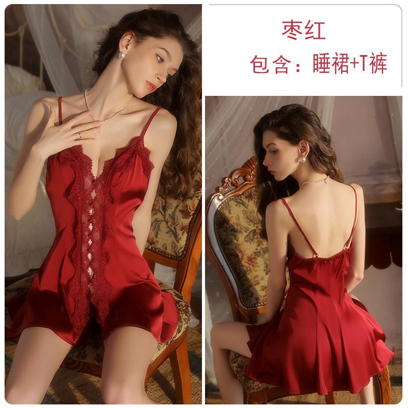 Underwear Passion Seduction Smooth Satin Lace Pure Desire Deep V Low Chest Nightdress Robe Home Suit
