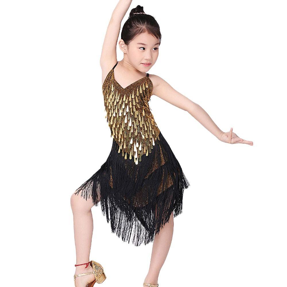 Professional Kids Latin Dance Dress Tassel Ballroom Dance Dress Stage Costume  Children Girls