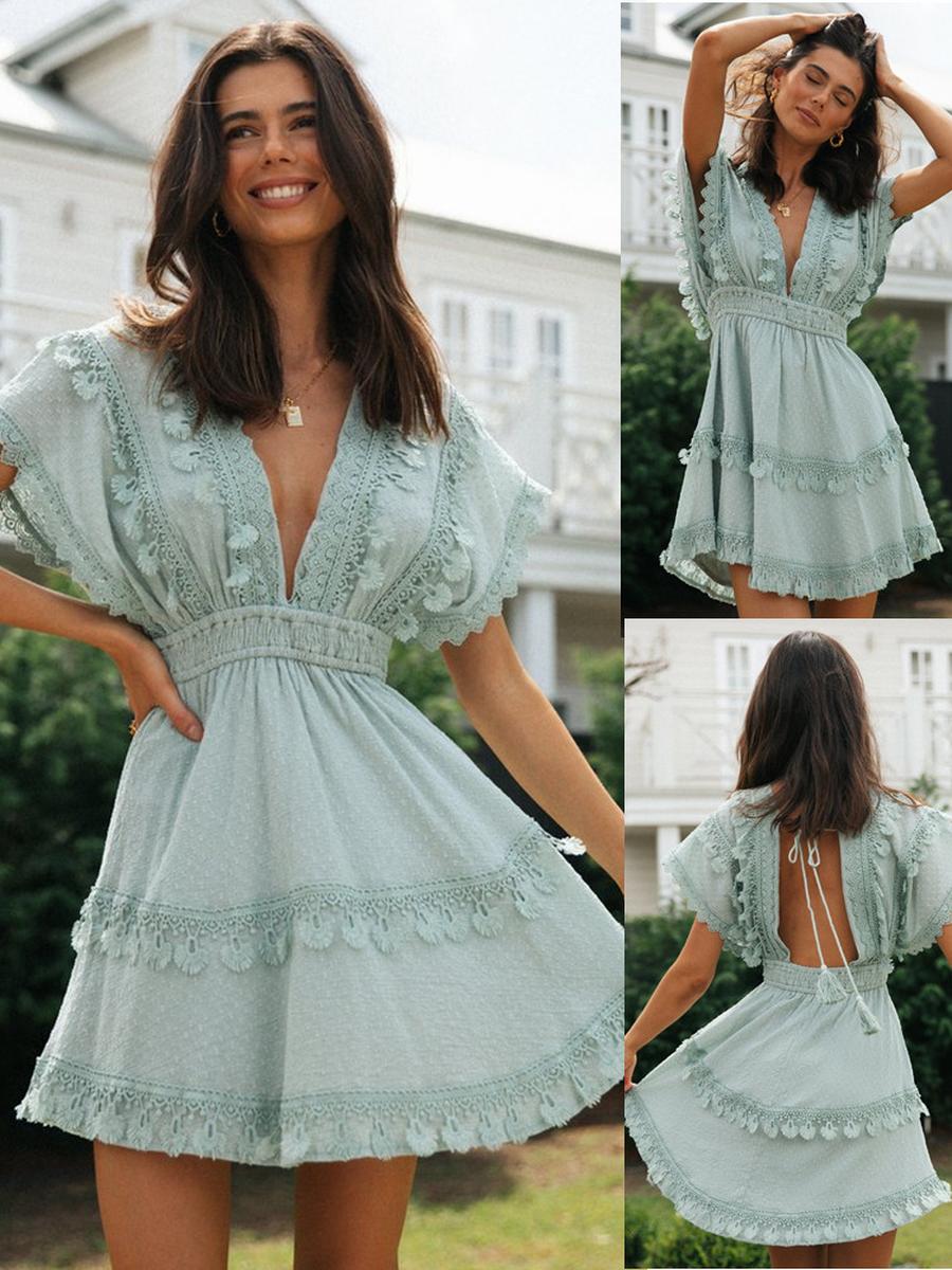 

Oversized Batwing Sleeve Dress with Floral Lace Patchwork and Tie-Up Back for Women XL світло-синій колір
