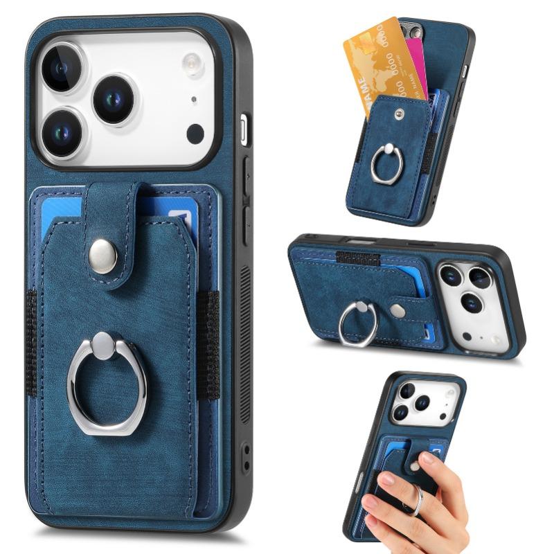 Retro Metal Ring Car Mount Magnetic Card Holder Pu Leather Phone Case For Iphone 18