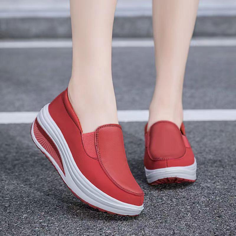 Women's Shoes Spring Genuine Leather Soft Outsole Work Shoes Female Black Swing Shoes Woman Plus Size Wedges Single Shoes