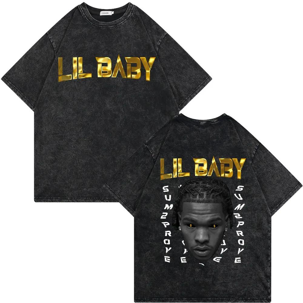 Rapper Lil Baby Wham World Tour Maglietta Lavata Vintage Uomo Donna Moda Casual Maglietta Retrò Hip Hop Magliette Oversize