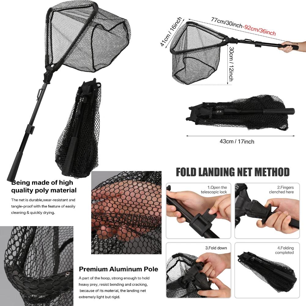 Folding Triangle Fishing Landing Net Telescopic Collapsible Extensible Handle Fishing Hand Net For Fish Carp Trout Catch Release