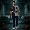 Men's Short Sleeve V-Neck Scrub Top with Chest Pocket Halloween Print for Work and Costume