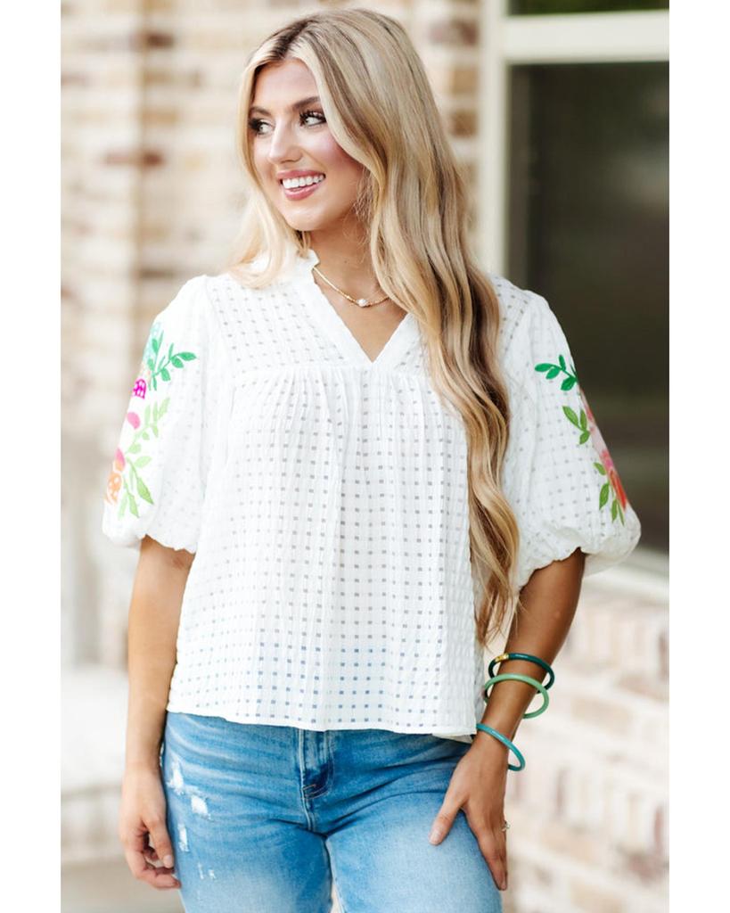 Azura Exchange White Floral Embroidered Puff Sleeve Notched Neck Blouse