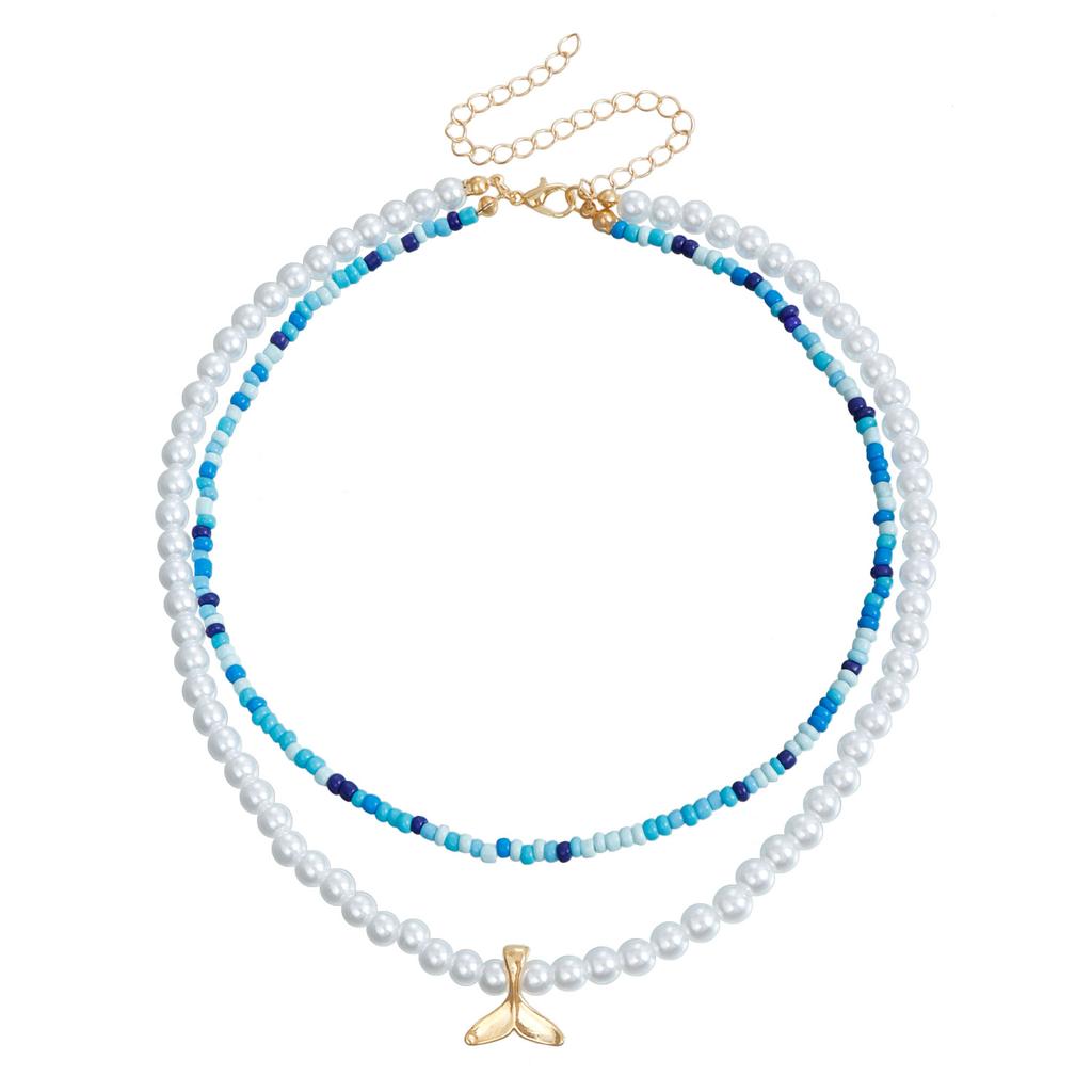 Bohemian Colored Rice Beads Imitation Pearl Double Shell Pendant Necklace Beaded Clavicle Chain