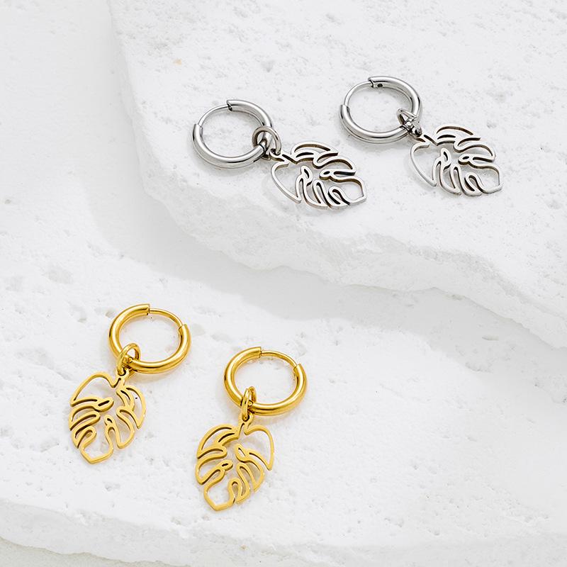 Versatile 18K Gold Palm Leaf Pattern Stainless Steel Drop Earrings