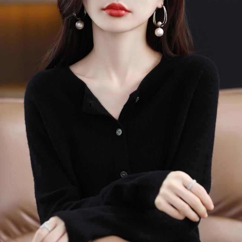 Premium Women's 100% Wool Knitted Cardigan - Slim Fit, Round Neck, Seamless Design for Autumn & Winter