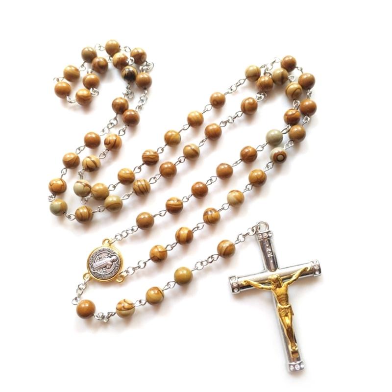 Church Yoga Wood Grain Stone Cross Rosary Necklace Bead Chain Pendant Ornaments for Home Church Yoga Room Decorations