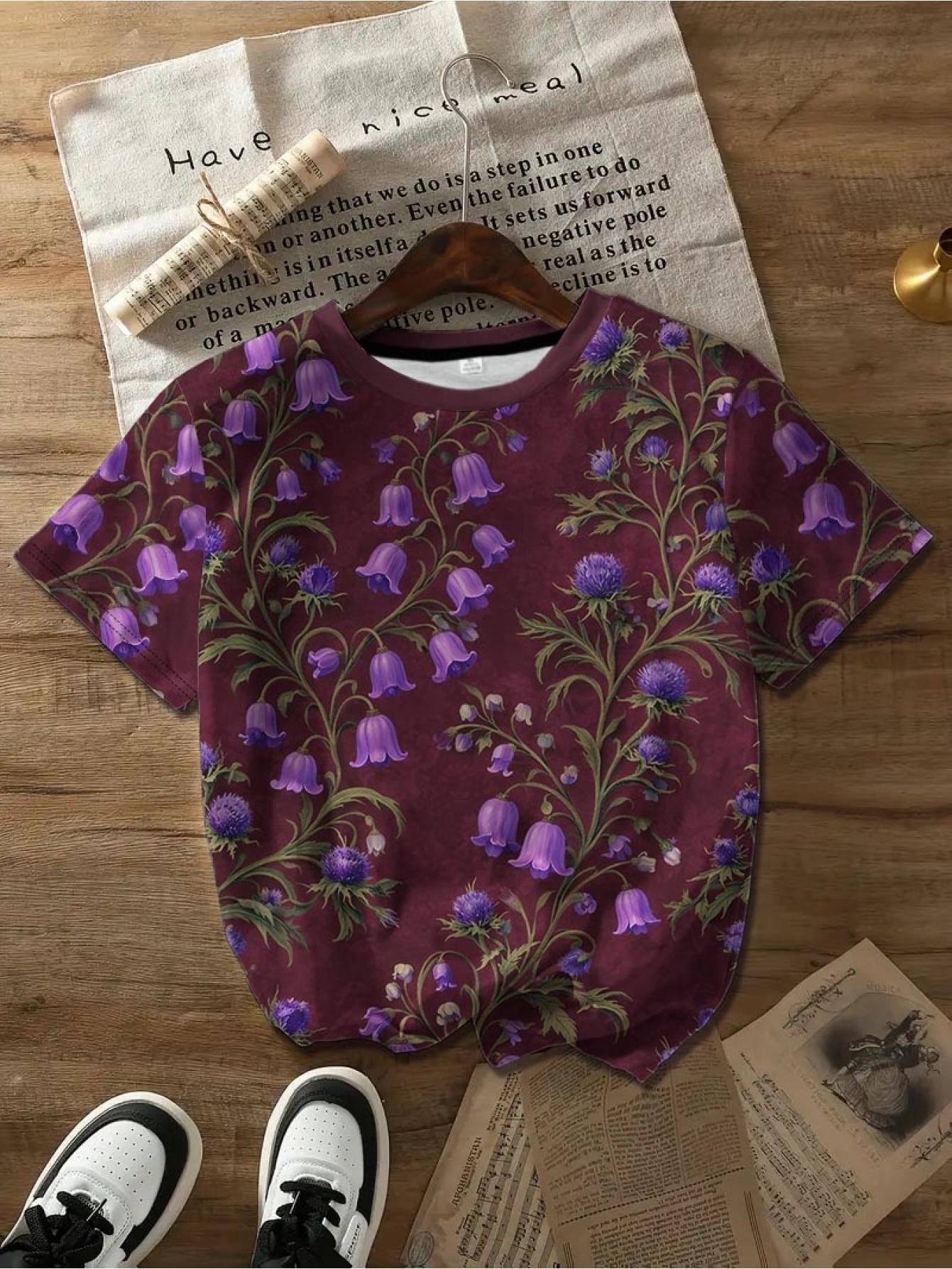 

Women s Summer Short Sleeve T-Shirt - Wine Red ; Purple Bellflower Print Round Neck Blouse-Compatible Loose Fit Top Casual -Line -Line Outfits Suitab L дубильна кора