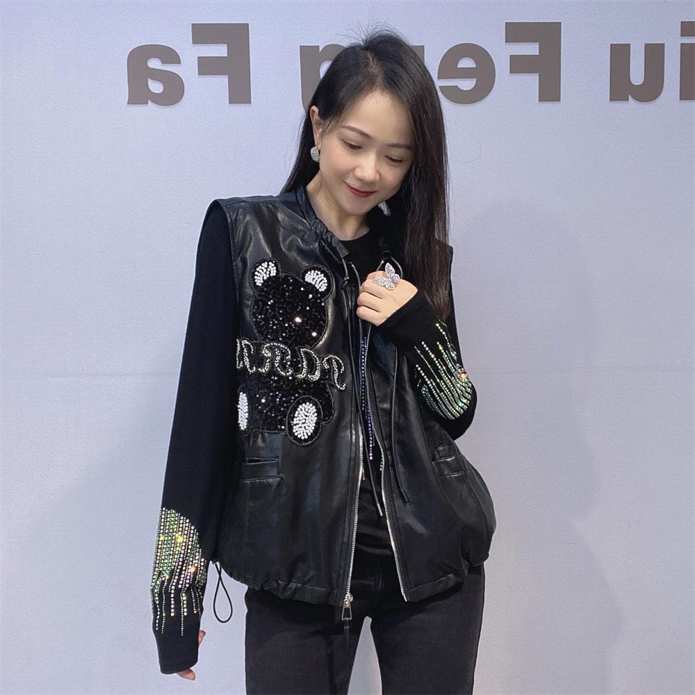 Plus-size Women's Retro Leather Waistcoat Women's Autumn Design Sense Embroidered Sleeveless Leather Jacket Waistcoat