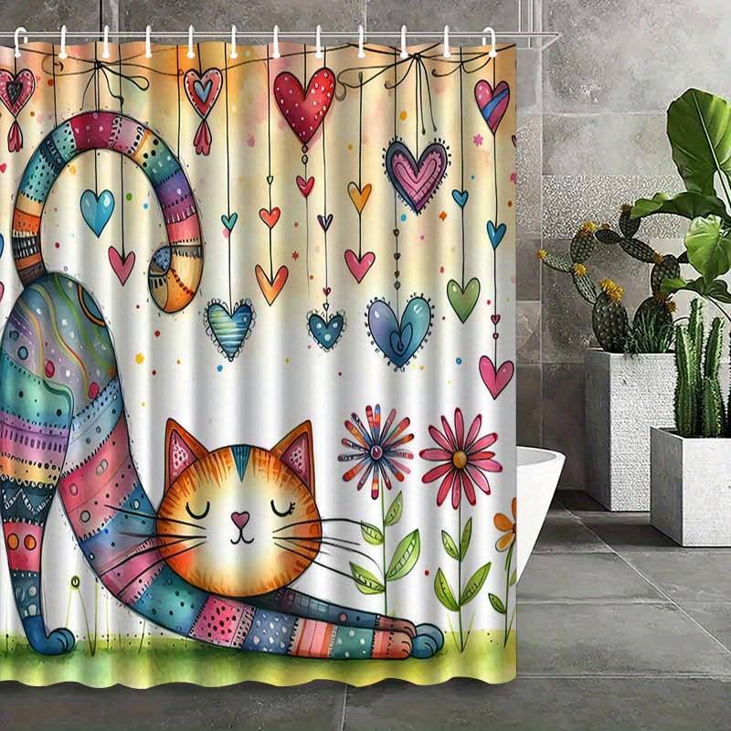 Colorful Patchwork Cat Shower Curtain - Creative Heart Design Area Art - Bathroom Decor Home Artistic Whimsical Cat Curtain