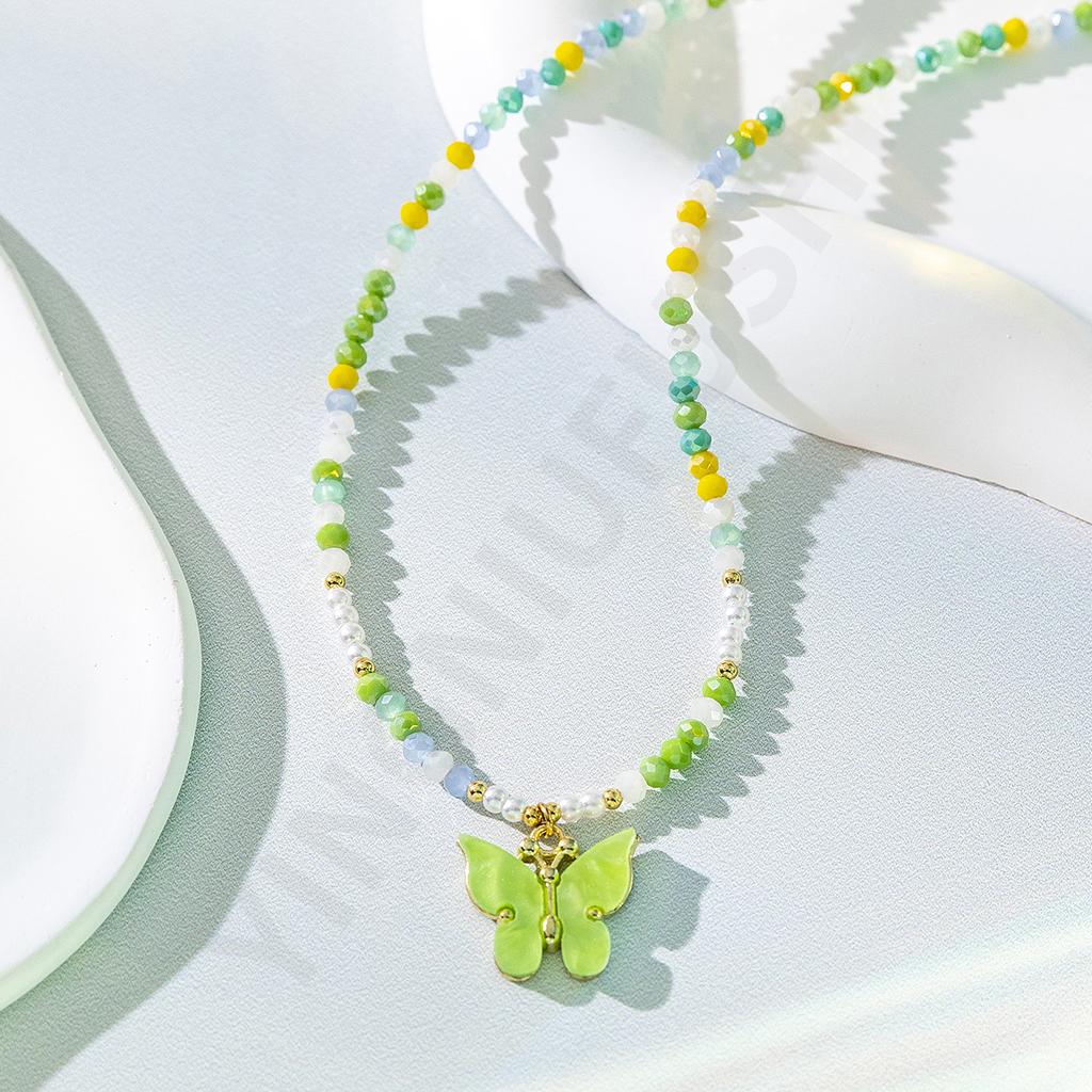 Candy color beaded butterfly pendant necklace female niche sweet and cute girl wind collarbone chain new accessories