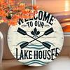 Welcome To Our Lake House Crossed Oars Round Metal Sign D Flat Printed Rustic Distressed Wood Style Art Tin Plaque Lake Cabin