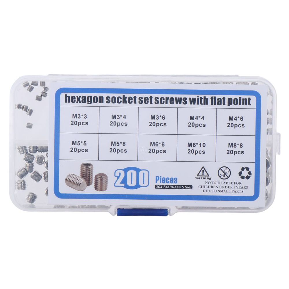 200pcs 304 Stainless Steel Allen Head Socket M3-M8 10 Size Drive Cup-Point Set Hex Grub Screw Assortment Kit Door Handles