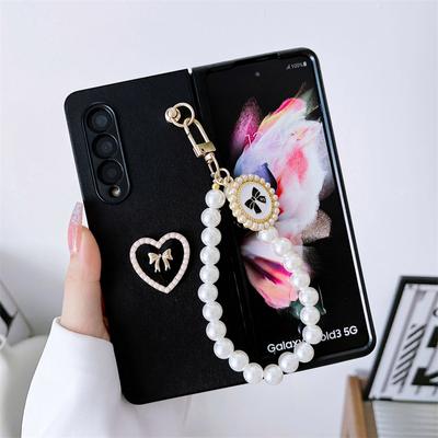 Sevimli İnci Aşk Kalp Zincir Kolye Telefon Kılıfı Samsung Galaxy Z Fold 4 3 5 Kapak Deri Menteşe Koruyucu Kılıflar Samsung Z Flip 3 Z flip 4 5