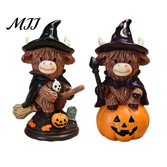 Fall Seasonal Displays 2Pcs Halloween Highland Cow Witch Ornament, Resin Figurine with Hat Pumpkin Broom Rustic Home Decorations & Skull, Cute