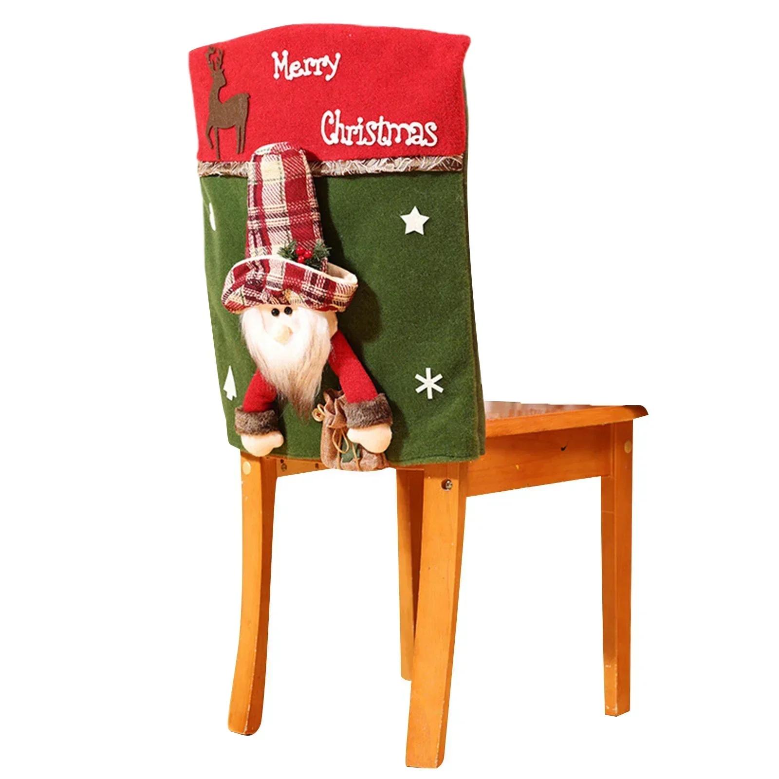 

Christmas Chair Cover Santa Claus Doll Knitted Cute Cartoon Snowman Reindeer High Hat Slipcover Holiday Dining Chair Party Decor