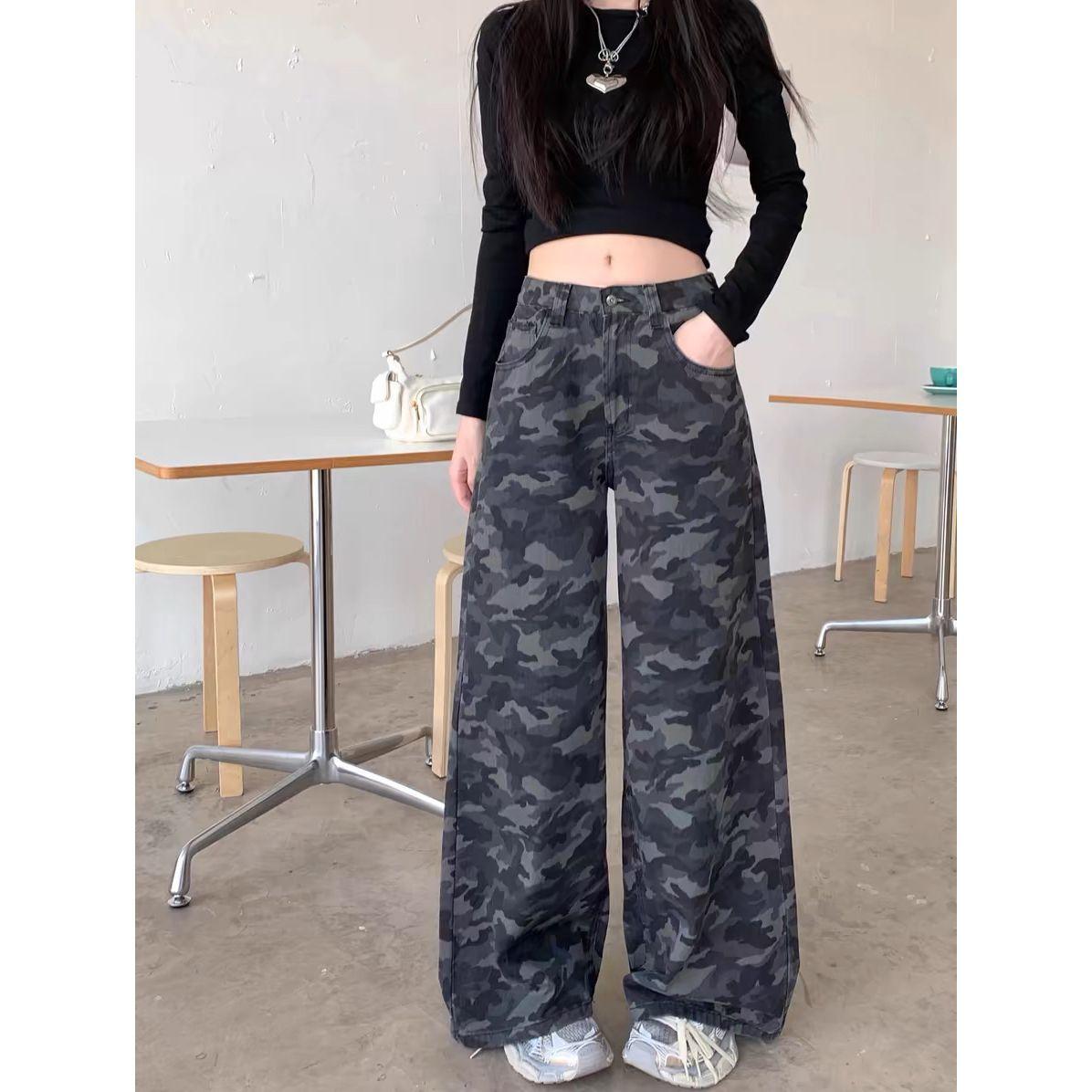American high street tooling wide-leg camouflage jeans women s drape spring retro high-waisted loose and thin straight pants XS