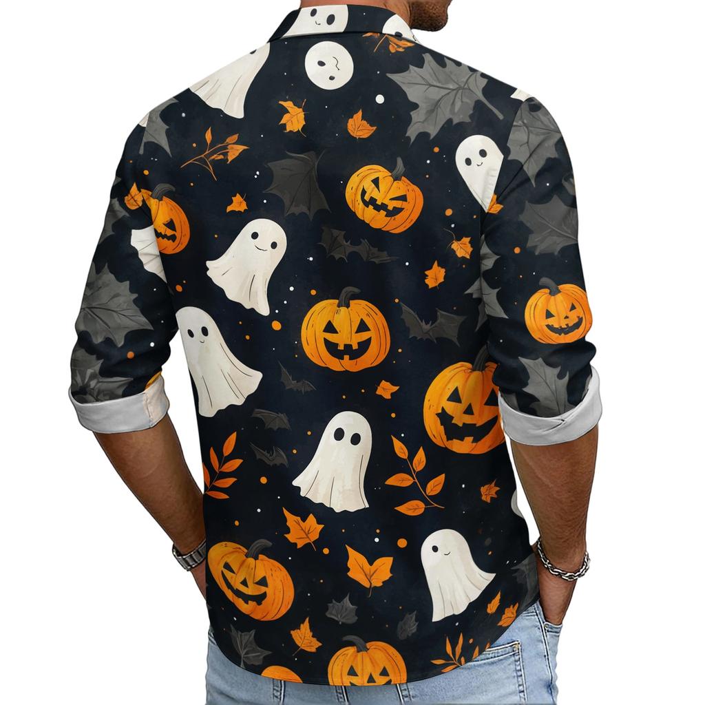 Men's Casual Long Sleeve Halloween Print Shirt Button Down Collar Lightweight Breathable Fabric Comfortable Fit