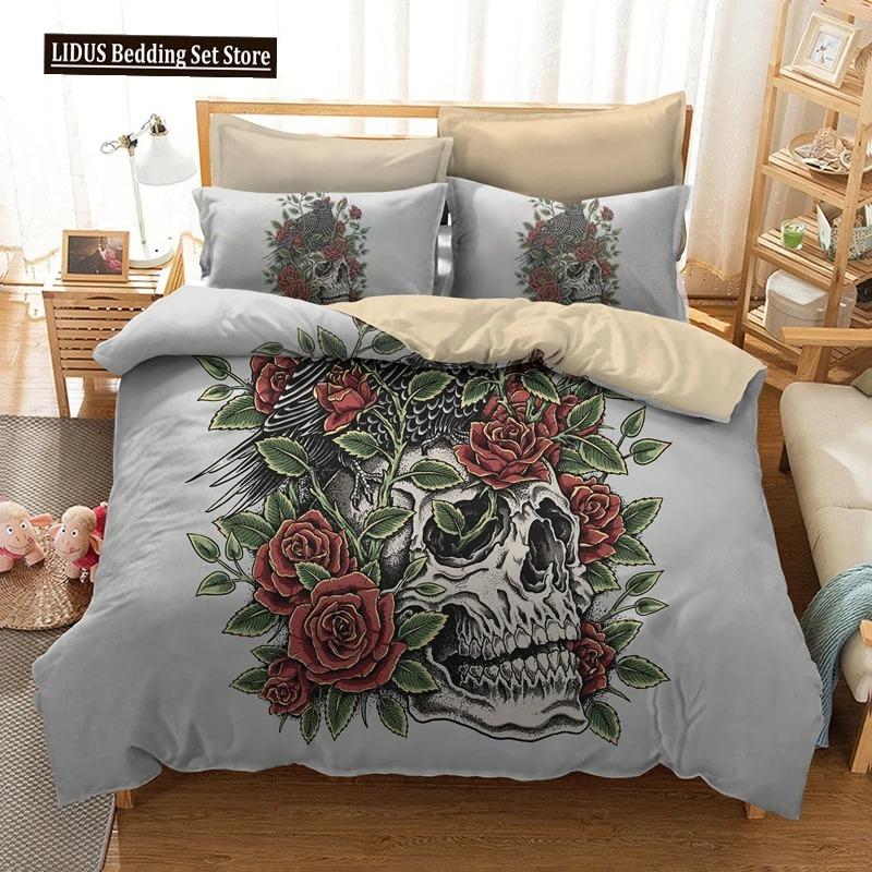Sugar Skull Duvet Cover Set Queen Size Flowers Skeleton Bed Linen Double Bedding Set With Pillowcase King Size Skull Quilt Cover