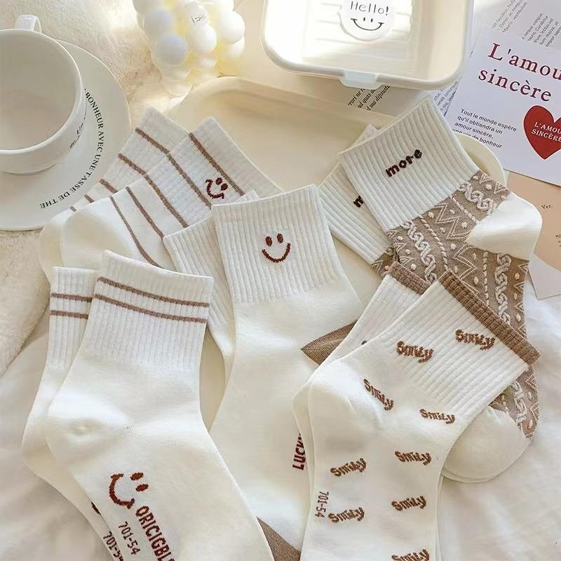 5 pares de lindos calcetines con estampado sonriente, calcetines deportivos cómodos y suaves, medias y calcetería para mujer