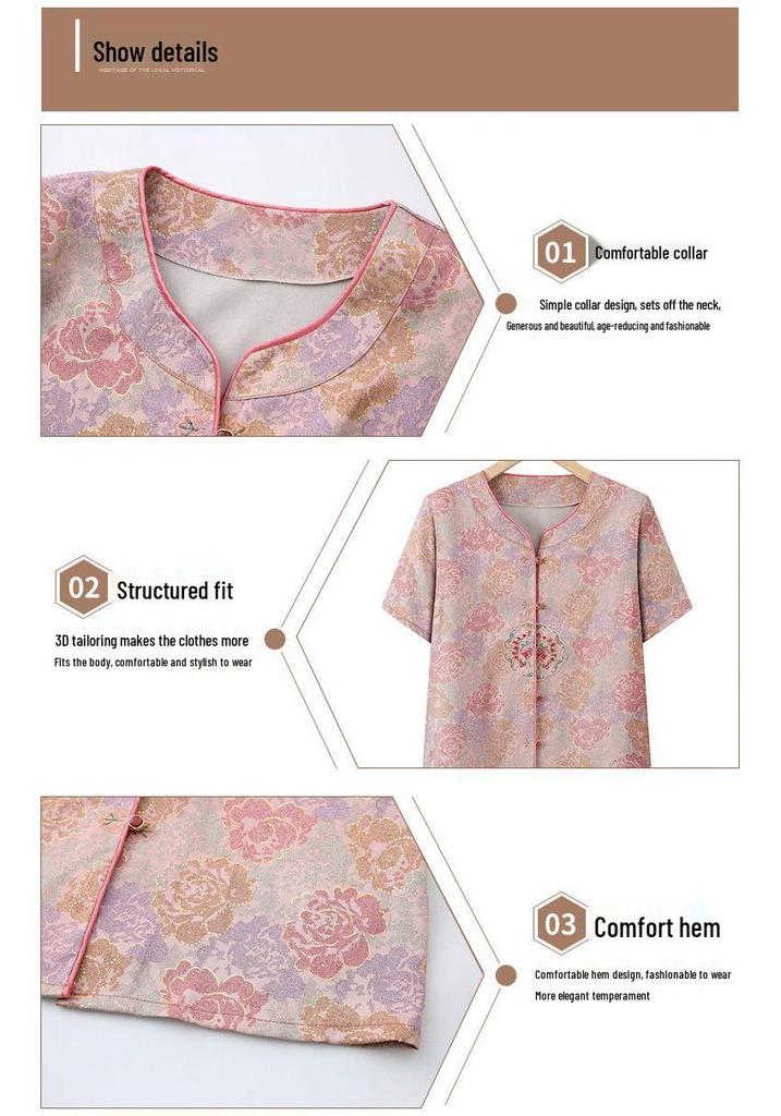 Mom's Chinese Style Summer Top Set: Short-Sleeved Shirt & Two-Piece Outfit for Middle-Aged and Elderly Women